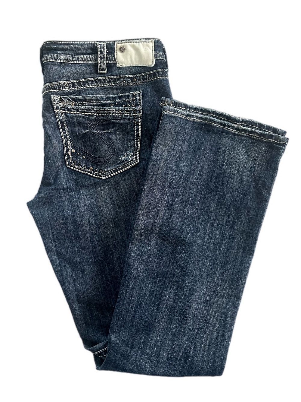 Silver Jeans Aiko Bootcut Dark Destructed Denim Jeans Studded Back Pocket Detail
